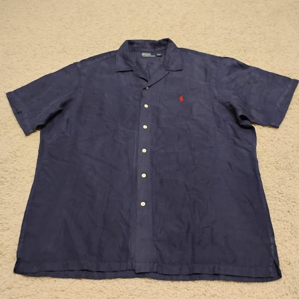VTG Polo Ralph Lauren Shirt Mens XL Blue (27x32) Loop Collar Silk Linen Red Pony